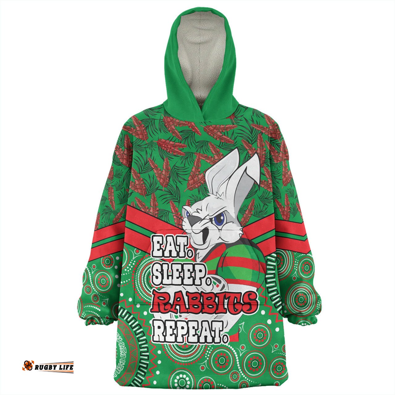 South Sydney Rabbitohs Snug Hoodie - Tropical Patterns And Dot Painting Eat Sleep Rugby Repeat