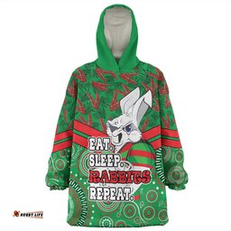 South Sydney Rabbitohs Snug Hoodie - Tropical Patterns And Dot Painting Eat Sleep Rugby Repeat