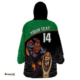 custom warriors rugby wearable blanket hoodie go champions aotearoa mascot with polynesian maori pattern