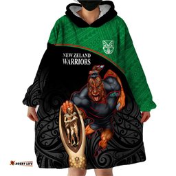 custom warriors rugby wearable blanket hoodie go champions aotearoa mascot with polynesian maori pattern