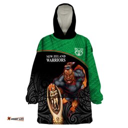 custom warriors rugby wearable blanket hoodie go champions aotearoa mascot with polynesian maori pattern
