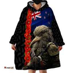 new zealand kiwi soldier anzac wearable blanket hoodie red poppy flower and silver fern pattern lt03