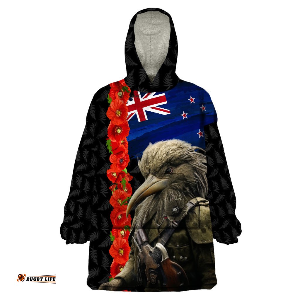 new zealand kiwi soldier anzac wearable blanket hoodie red poppy flower and silver fern pattern lt03
