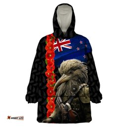 new zealand kiwi soldier anzac wearable blanket hoodie red poppy flower and silver fern pattern lt03