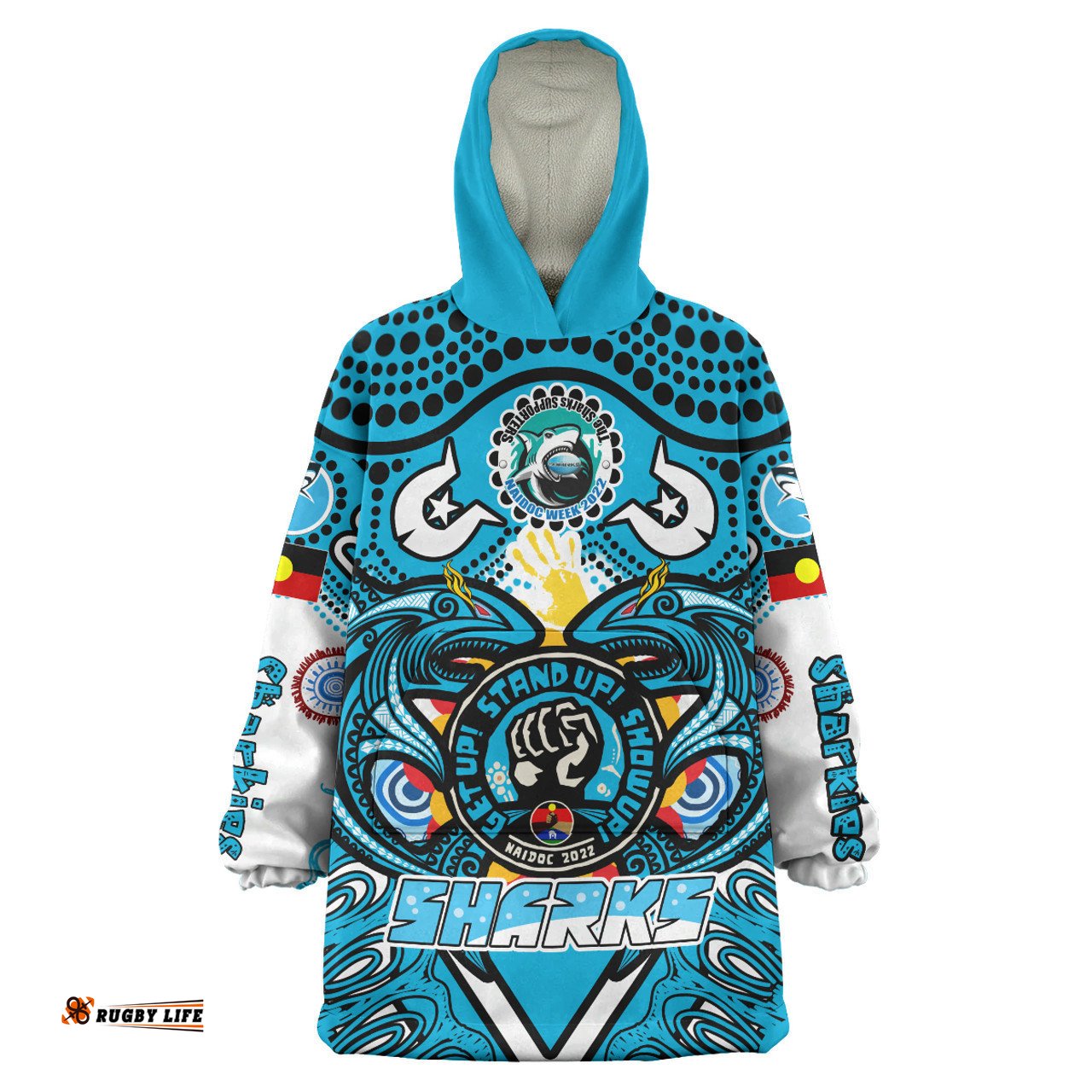 Cronulla-Sutherland Sharks Naidoc Week Snug Hoodie - Custom Tribal Sharkies "Get Up, Stand Up, Show Up" Oodie Blanket