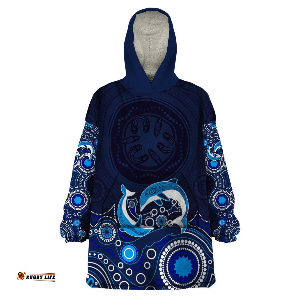 australia aboriginal wearable blanket hoodie dolphin dark blue