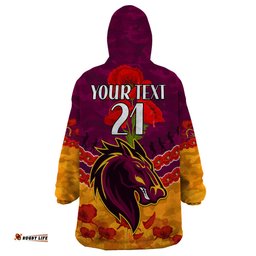 custom text and number broncos rugby anzac wearable blanket hoodie lest we forget