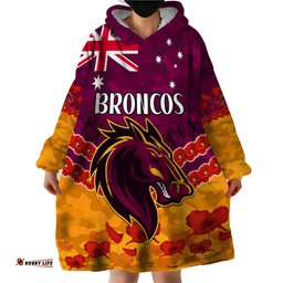 custom text and number broncos rugby anzac wearable blanket hoodie lest we forget