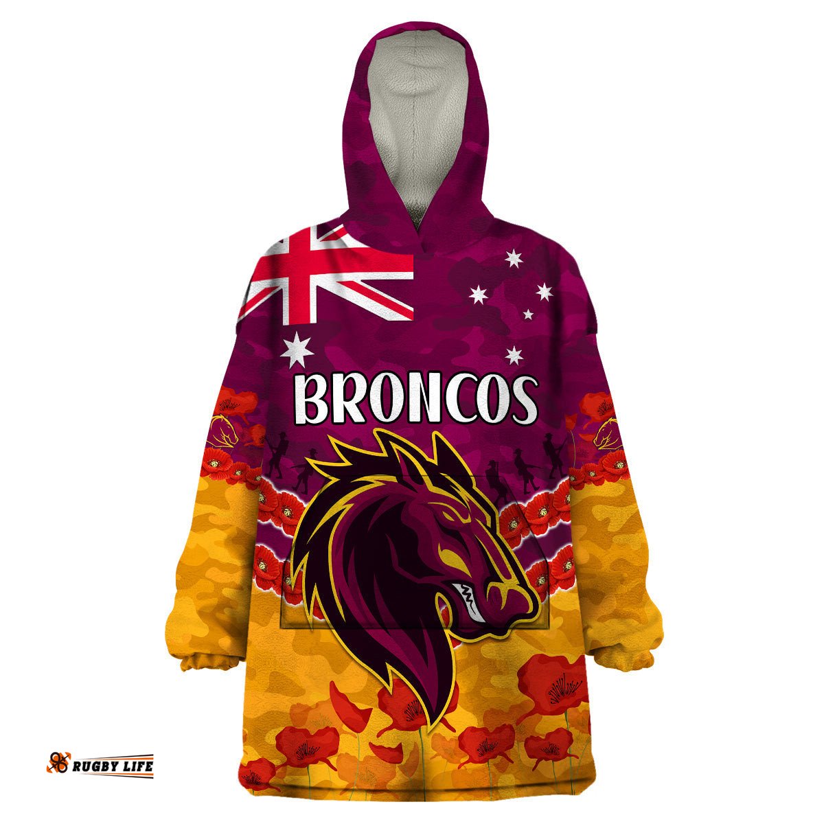 custom text and number broncos rugby anzac wearable blanket hoodie lest we forget