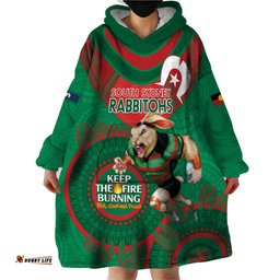 custom nrl rabbitohs naidoc week wearable blanket hoodie keep the fire burning indigenous art