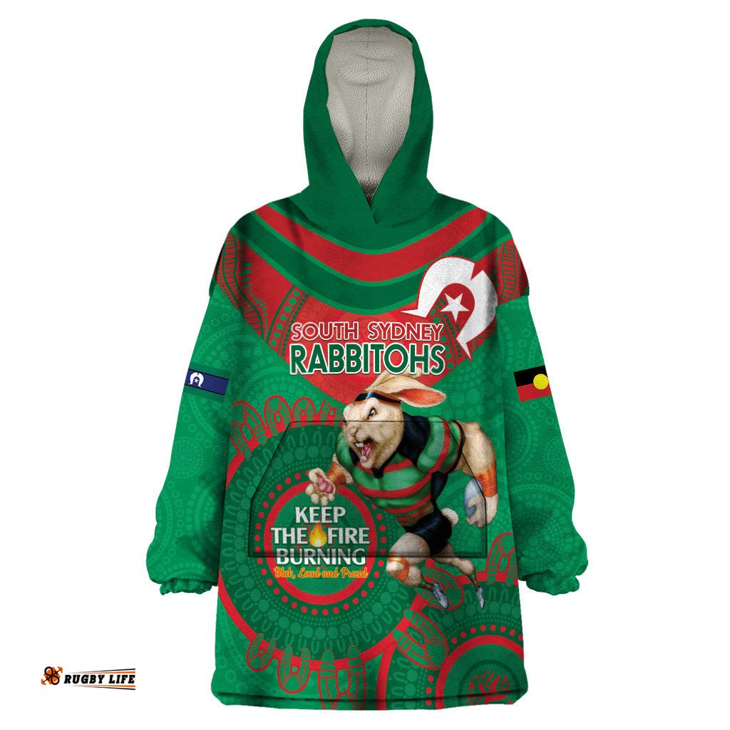 custom nrl rabbitohs naidoc week wearable blanket hoodie keep the fire burning indigenous art