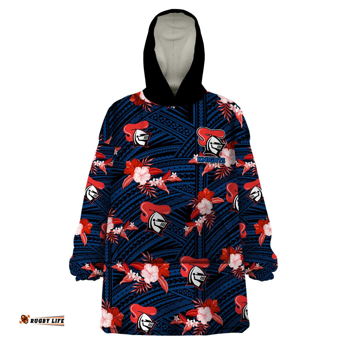 custom text and number newcastle knights rugby wearable blanket hoodie polynesian tribal mix tropical hawaiian style