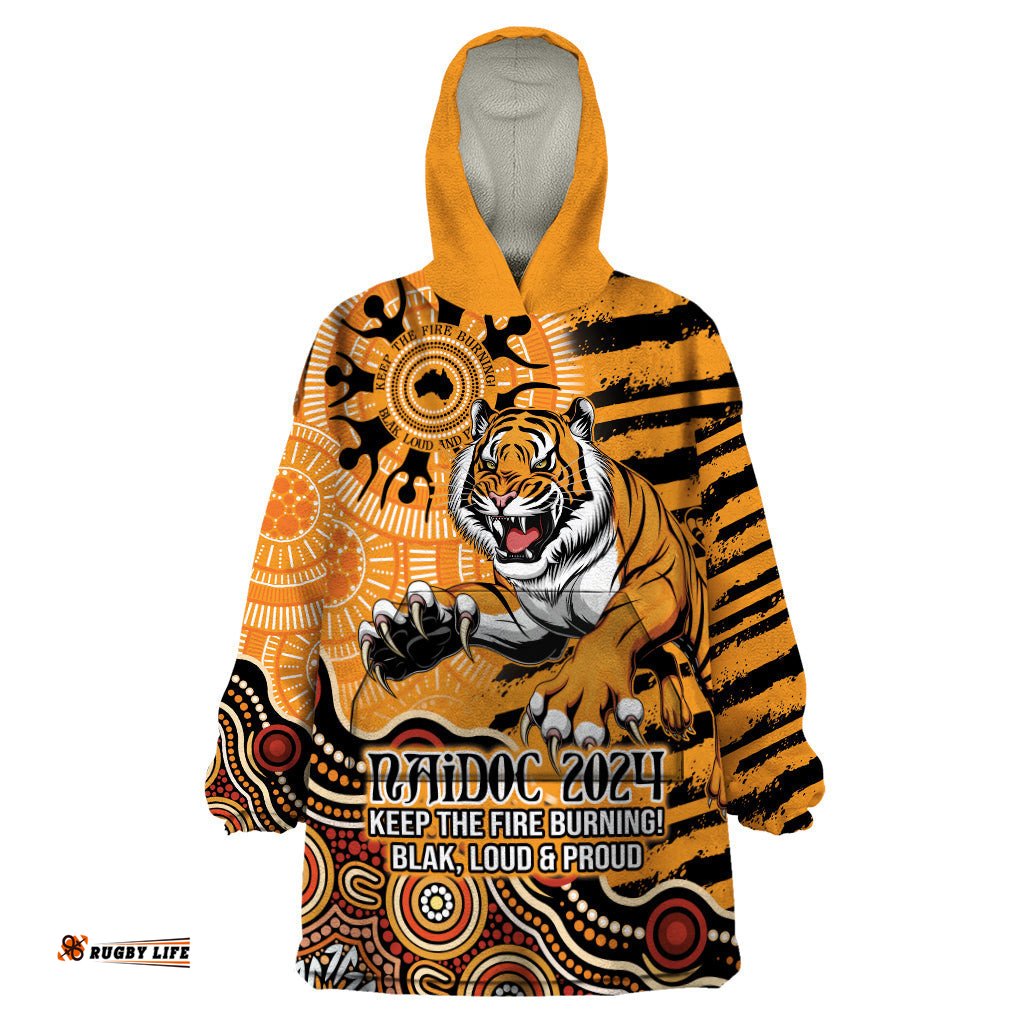 personalised wests tigers naidoc week 2024 wearable blanket hoodie aboriginal fire burning sparks