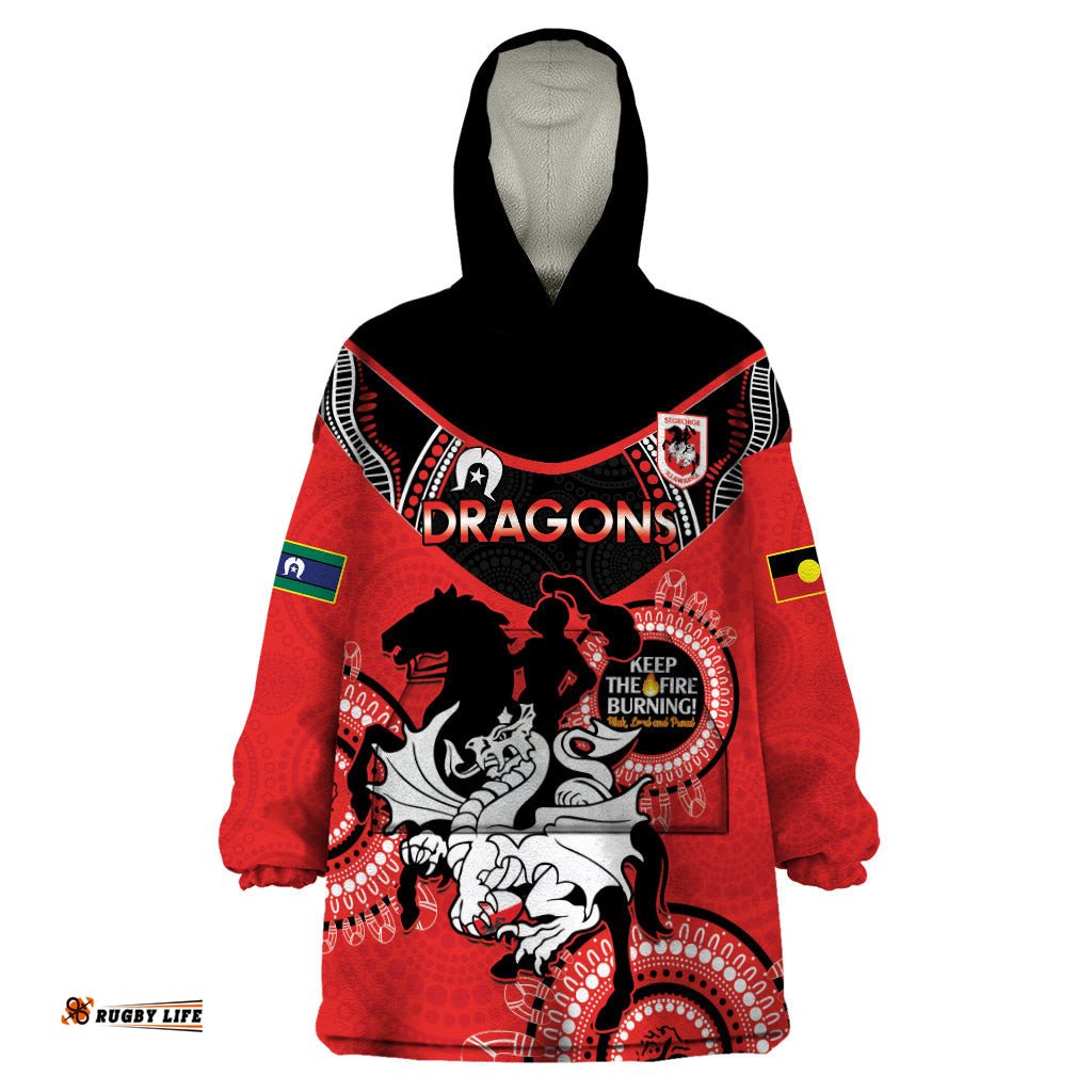 custom nrl dragons naidoc week wearable blanket hoodie keep the fire burning indigenous art