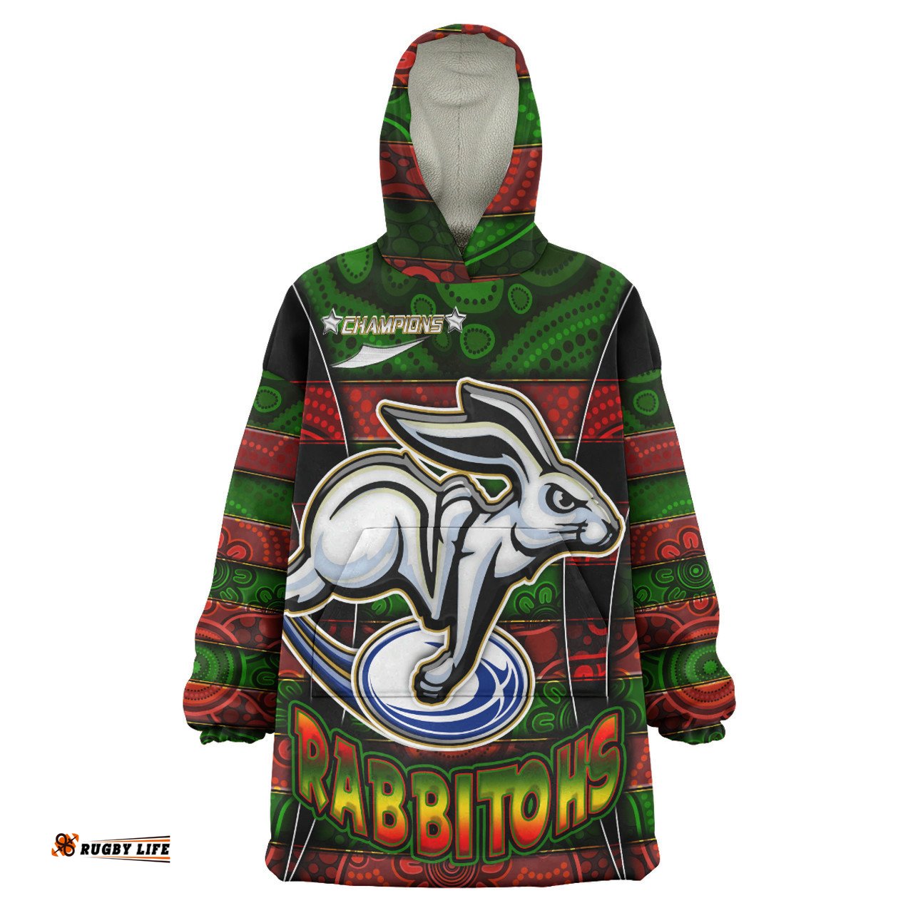 South Sydney Rabbitohs Snug Hoodie - Custom Rabbit Aboriginal Inspired Style Pattern Personalised Player And Number Oodie Blanket