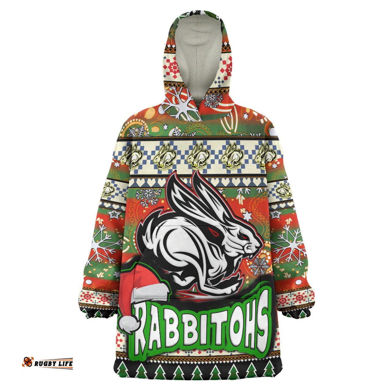 South Sydney Rabbitohs Snug Hoodie - Custom Xmas South Sydney Rabbitohs Balls, Snowflake With Aboriginal Inspired Patterns Oodie Blanket