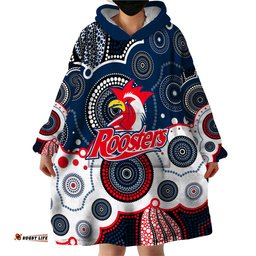 custom personalised and number roosters nrl wearable blanket hoodie aboriginal patterns