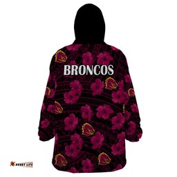 broncos rugby wearable blanket hoodie polynesian style with hibiscus