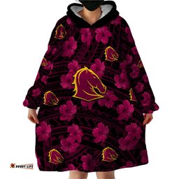broncos rugby wearable blanket hoodie polynesian style with hibiscus