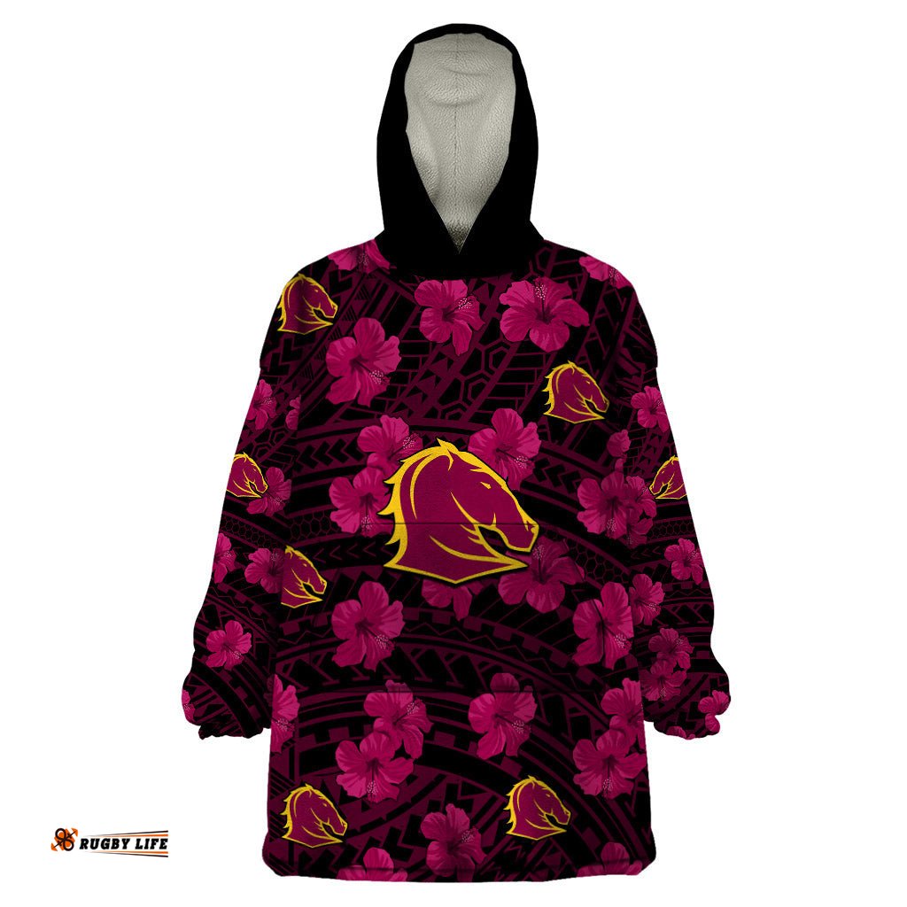 broncos rugby wearable blanket hoodie polynesian style with hibiscus