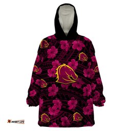 broncos rugby wearable blanket hoodie polynesian style with hibiscus