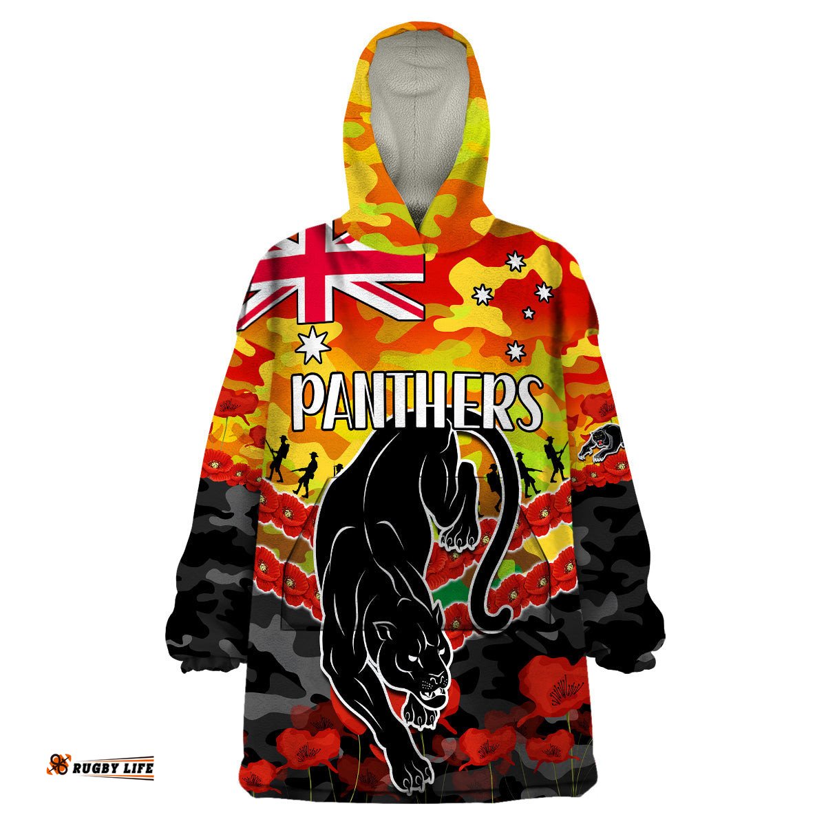 custom text and number panthers rugby anzac wearable blanket hoodie lest we forget