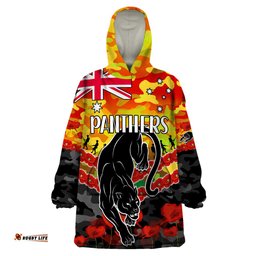 custom text and number panthers rugby anzac wearable blanket hoodie lest we forget