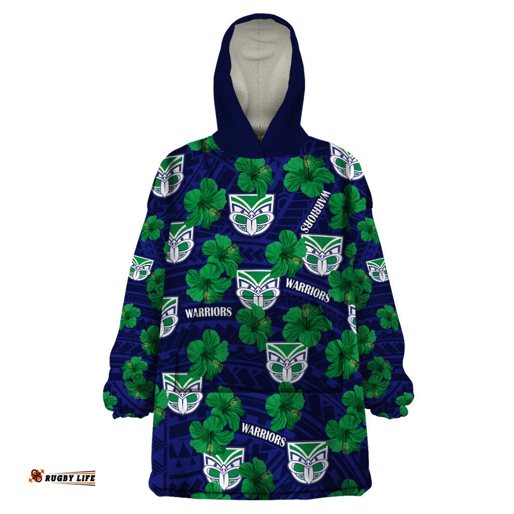 new zealand warriors rugby wearable blanket hoodie polynesian style with hibiscus