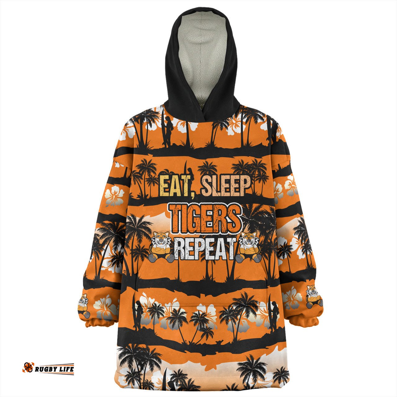 Wests Tigers Snug Hoodie - Eat Sleep Repeat With Tropical Patterns