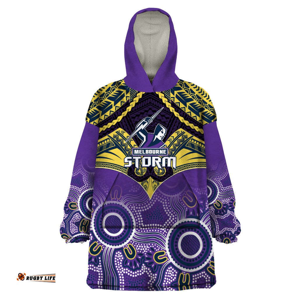 personalised storm rugby wearable blanket hoodie go melbourne aboriginal mix polynesian pattern