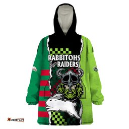 custom text and number nrl combine rabbitohs and raiders wearable blanket hoodie sporty style
