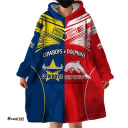 nrl half dolphins and half cowboys rugby wearable blanket hoodie sporty style
