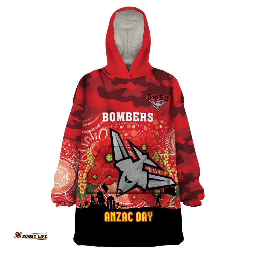 custom essendon football anzac wearable blanket hoodie gallipoli camouflage with poppies