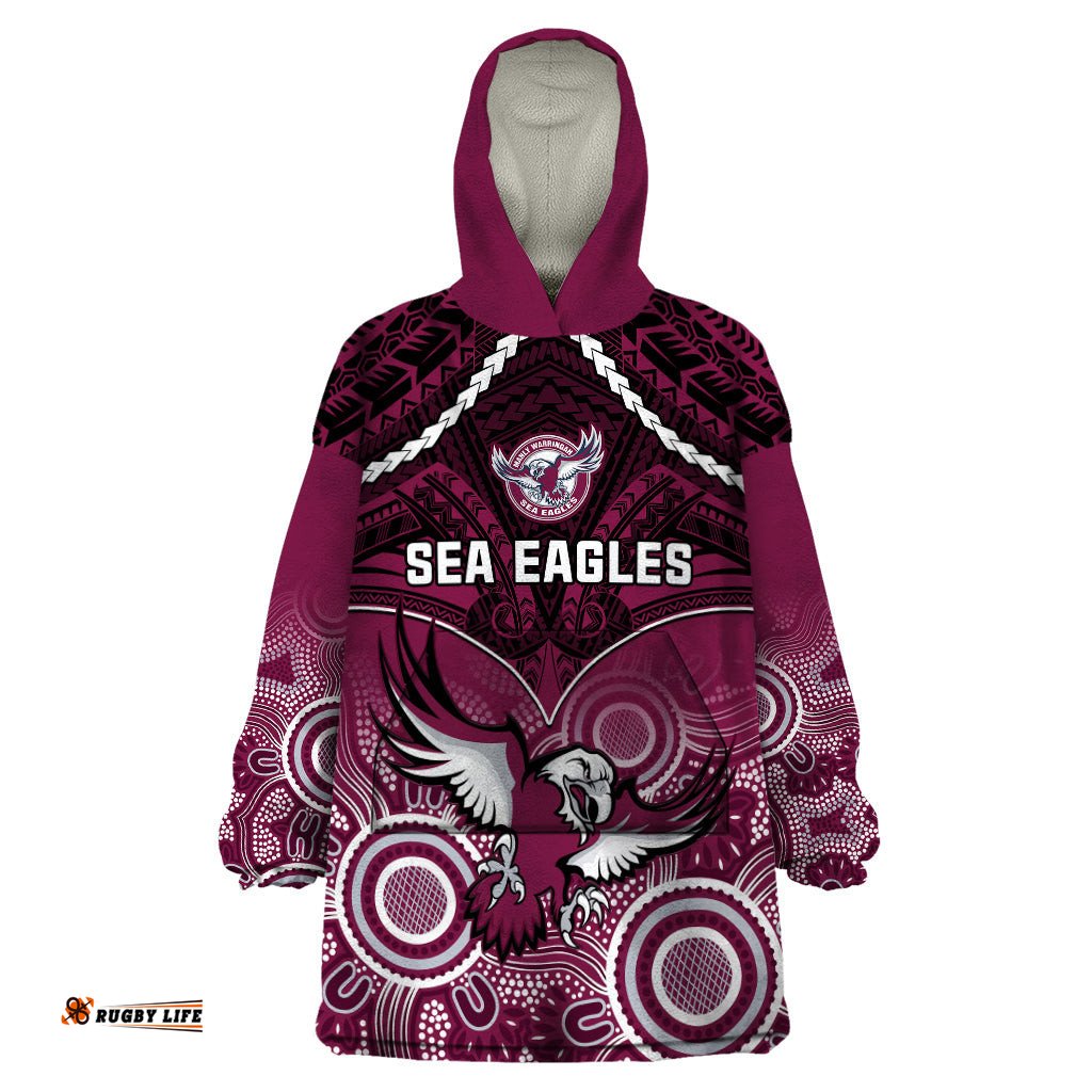 sea eagles rugby wearable blanket hoodie aboriginal mix polynesian pattern
