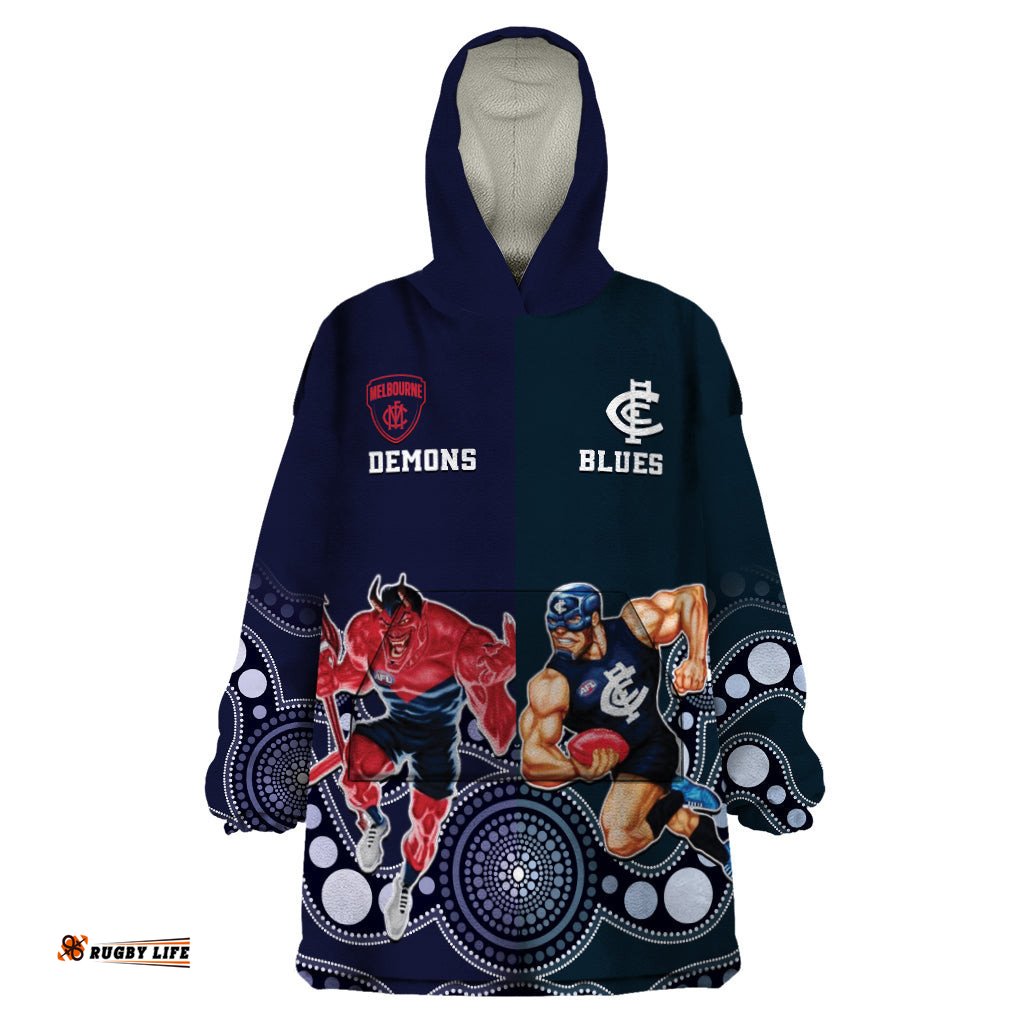 demons and blues football wearable blanket hoodie melbourne and calrton mascots aboriginal art