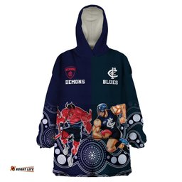 demons and blues football wearable blanket hoodie melbourne and calrton mascots aboriginal art