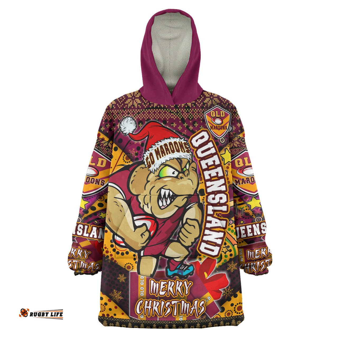 Cane Toads Christmas Snug Hoodie - Custom QLD Go Maroons Cane Toads Aboriginal Inspired With Snowflake Oodie Blanket