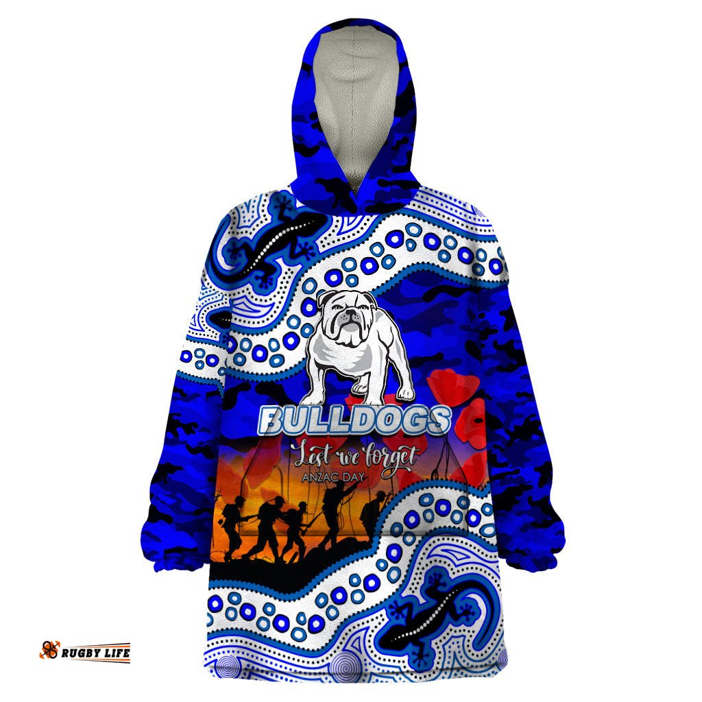 custom personalised anzac day nrl bulldogs wearable blanket hoodie aboriginal lizard patterns