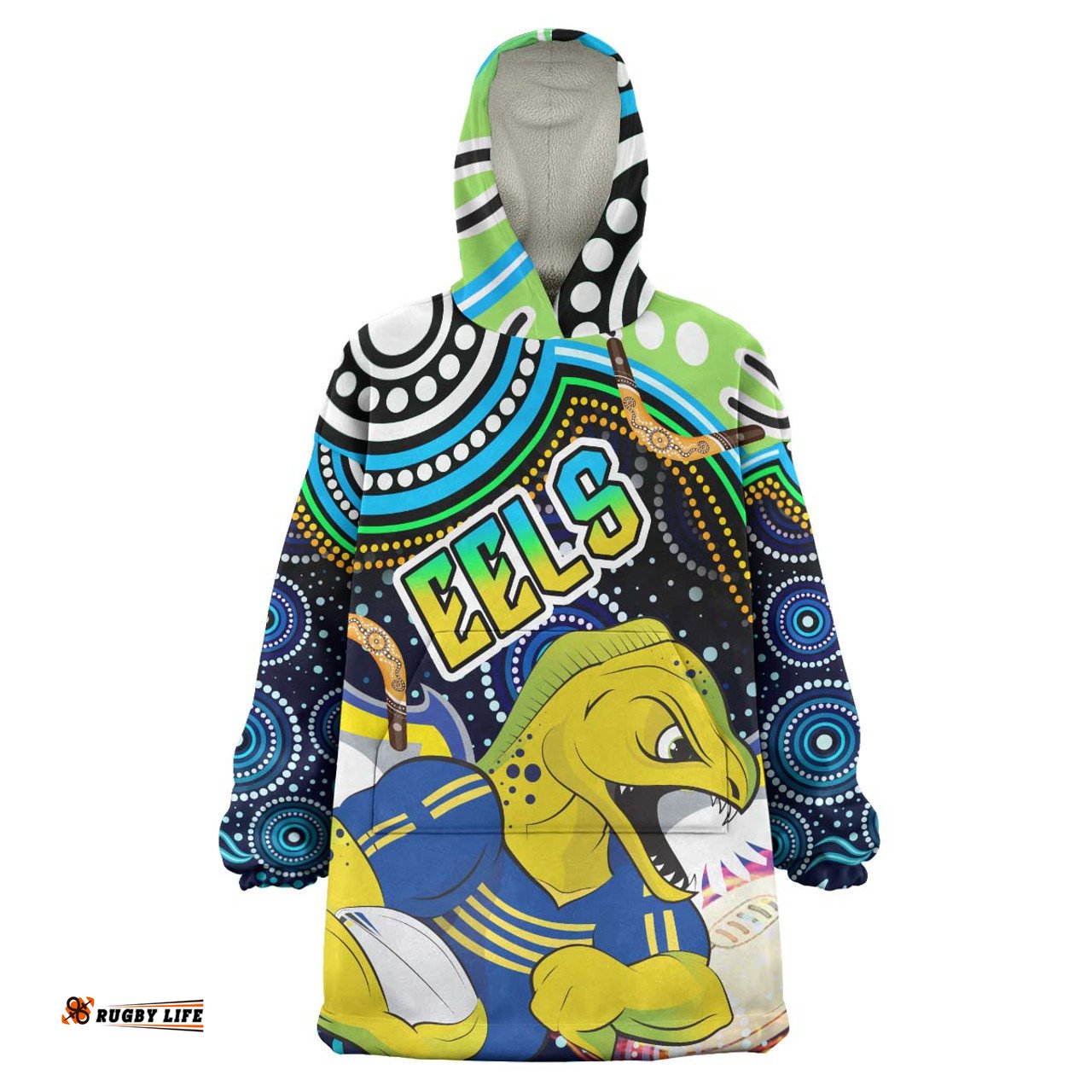 Parramatta Eels Snug Hoodie - Custom Parramatta Eels with Aboriginal Inspired Pattern Indigenous Oodie Blanket