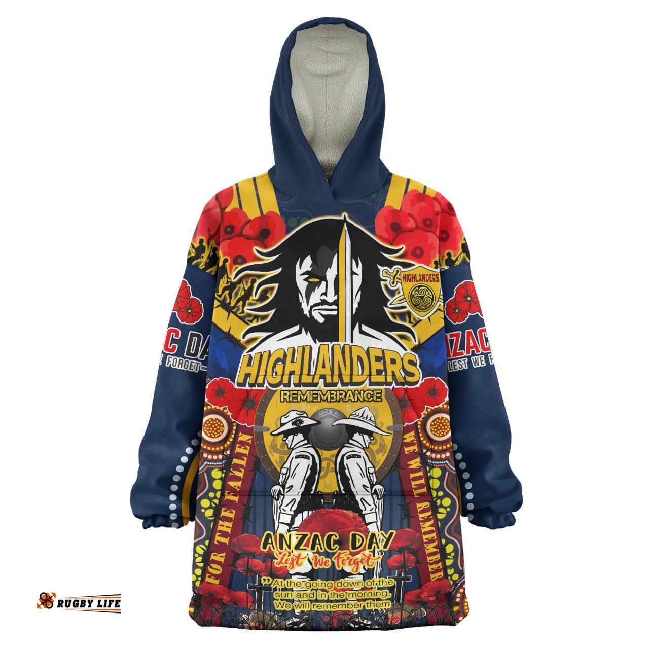Otago Highlanders Anzac Watercolour Snug Hoodie - Remembrance Highlanders With New Zealand Flag And Poppy Flower Oodie Blanket