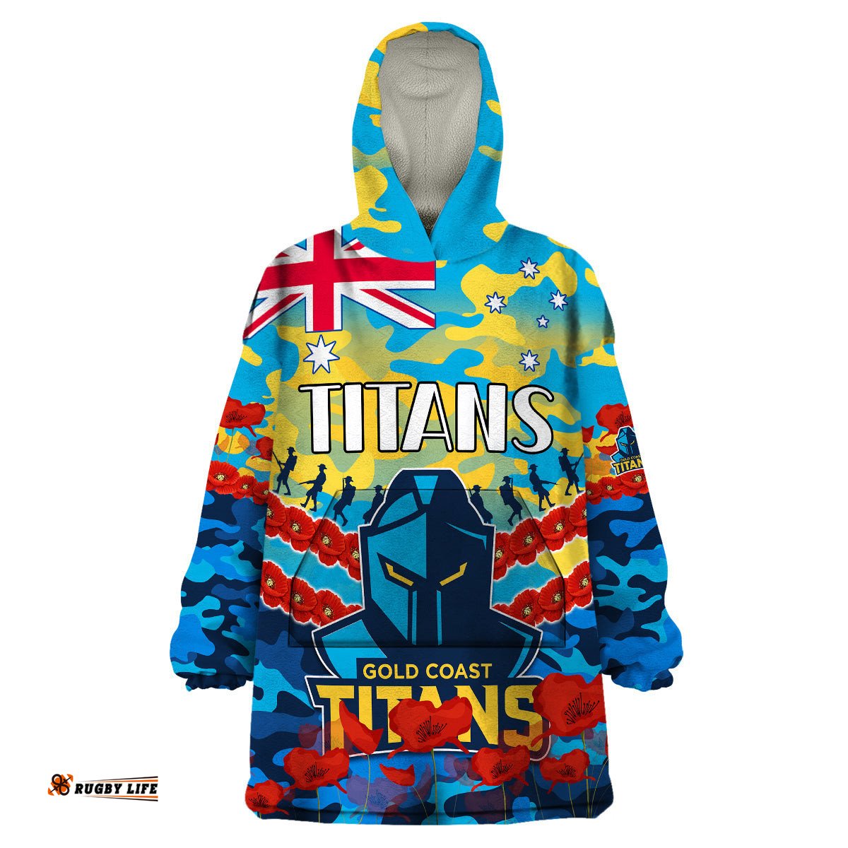 custom text and number titans rugby anzac wearable blanket hoodie lest we forget