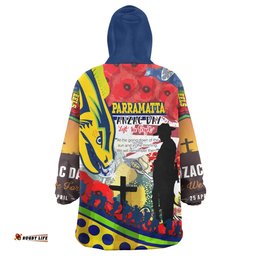 Parramatta Eels Anzac Day Custom Snug Hoodie - Remembrance Parramatta Eels With Anzac Poppy Watercolour Style Oodie Blanket