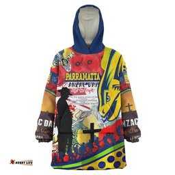 Parramatta Eels Anzac Day Custom Snug Hoodie - Remembrance Parramatta Eels With Anzac Poppy Watercolour Style Oodie Blanket