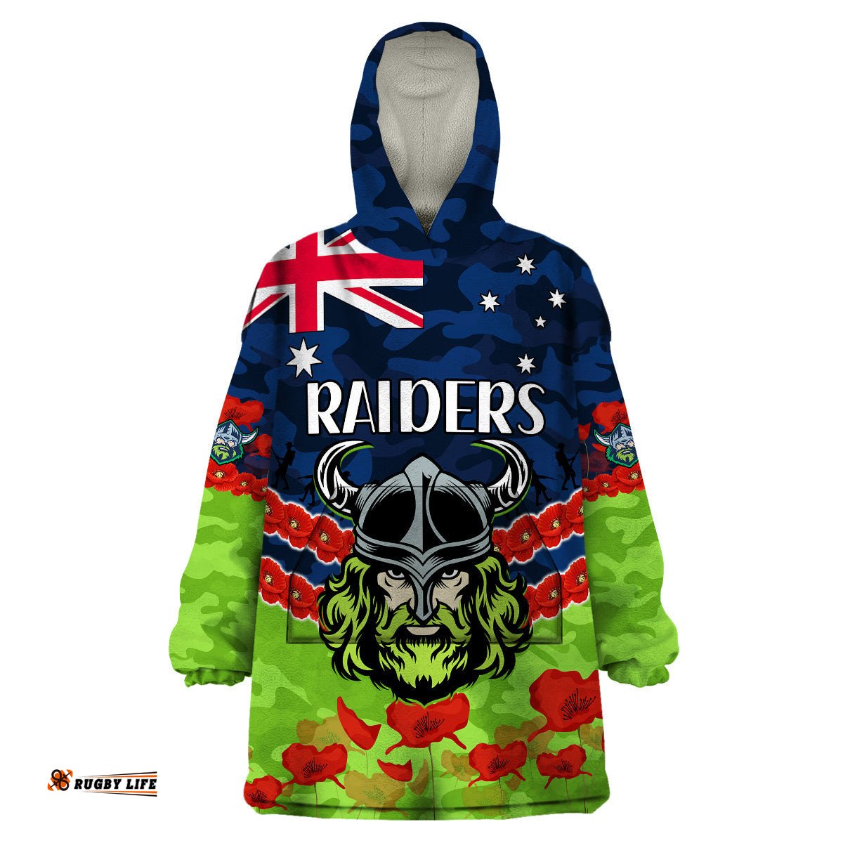 custom text and number raiders rugby anzac wearable blanket hoodie lest we forget
