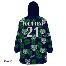 custom text and number new zealand warriors rugby wearable blanket hoodie polynesian style with hibiscus
