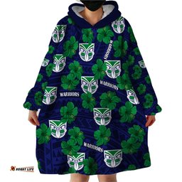 custom text and number new zealand warriors rugby wearable blanket hoodie polynesian style with hibiscus