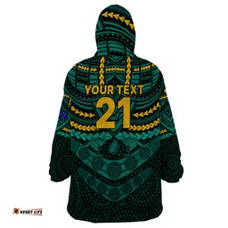 custom wallabies rugby wearable blanket hoodie polynesian and aboriginal special green version