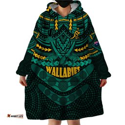 custom wallabies rugby wearable blanket hoodie polynesian and aboriginal special green version