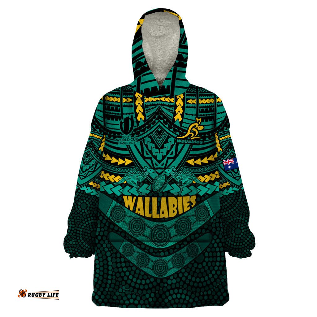 custom wallabies rugby wearable blanket hoodie polynesian and aboriginal special green version