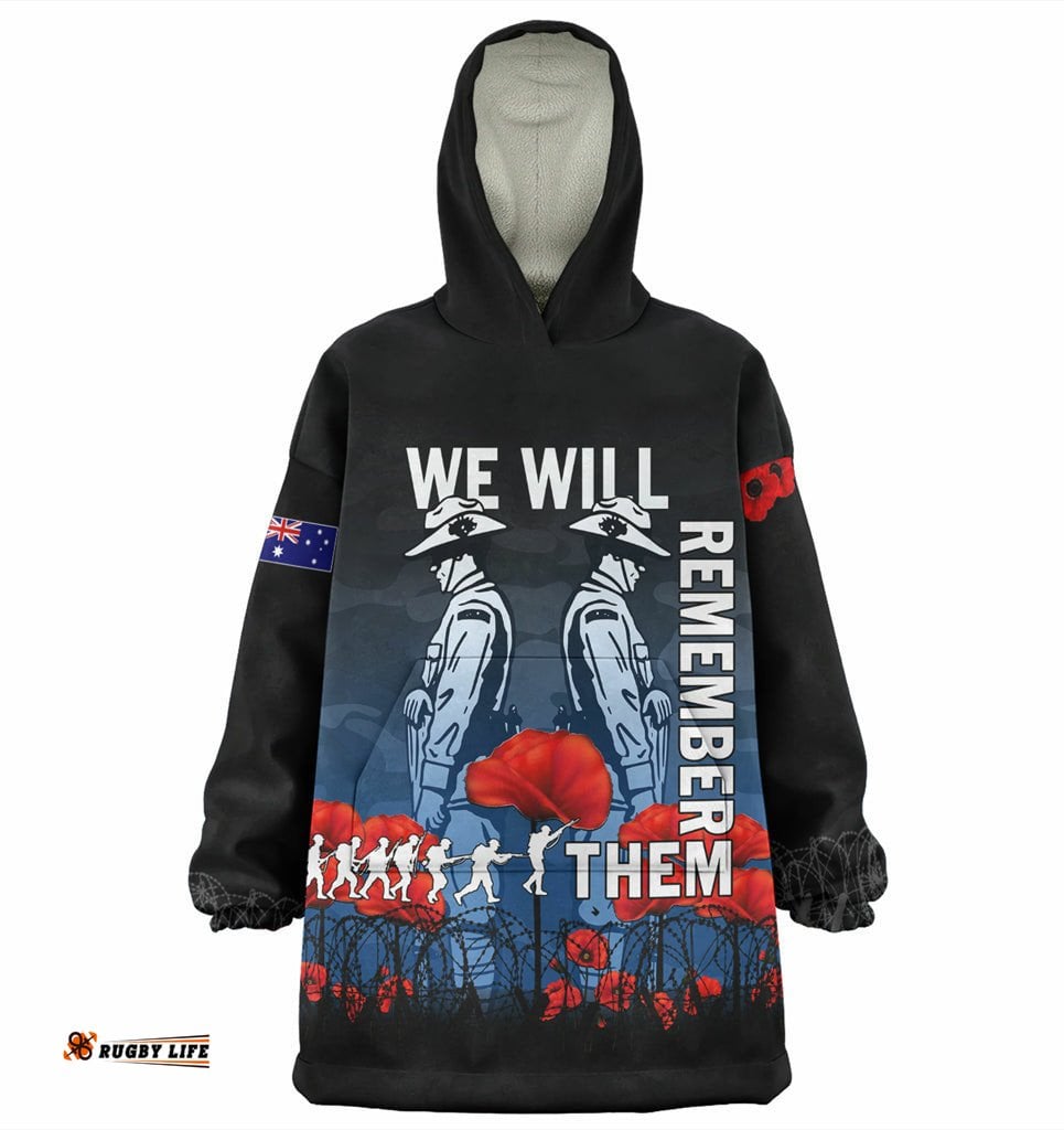 australia anzac day wearable blanket hoodie anzac day soldier we will remember them wearable blanket hoodie blue